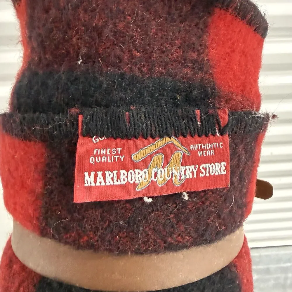 Vtg Marlboro Country Store Wool Blanket Buffalo Check Leather Brass Strap ~70x60
